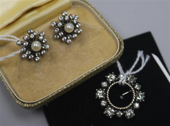 A pair of cultured pearl and paste cluster earrings and a similar target brooch